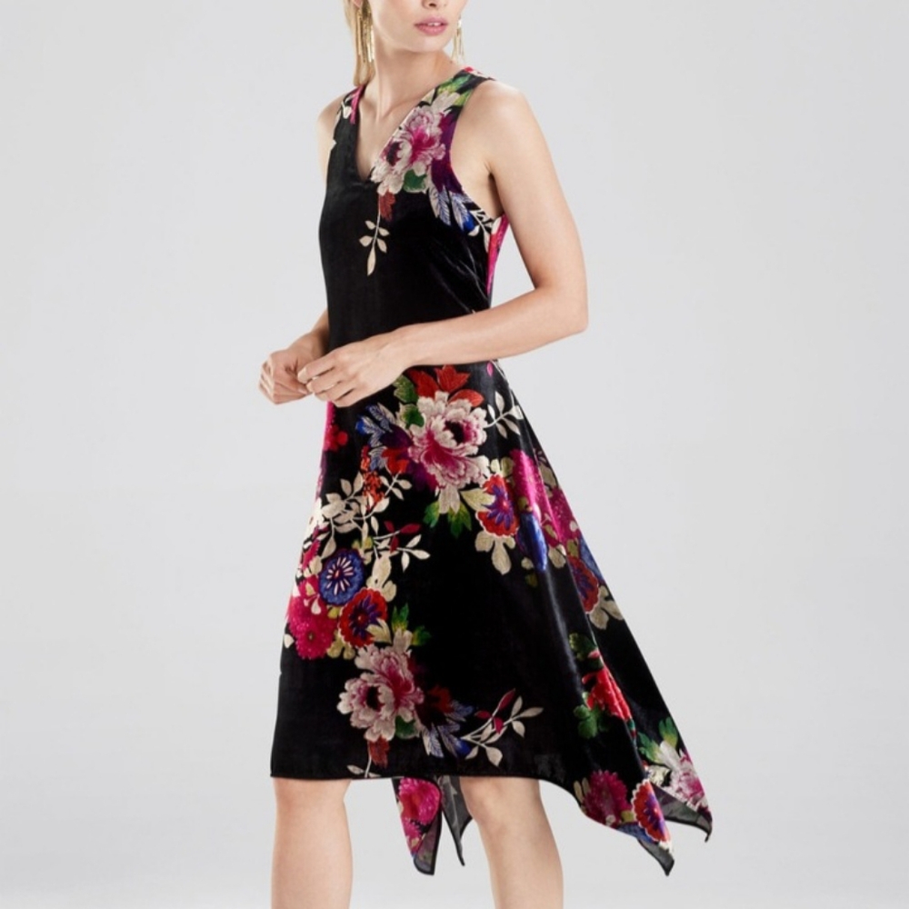 Natori Black Floral Midi Velvet Dress